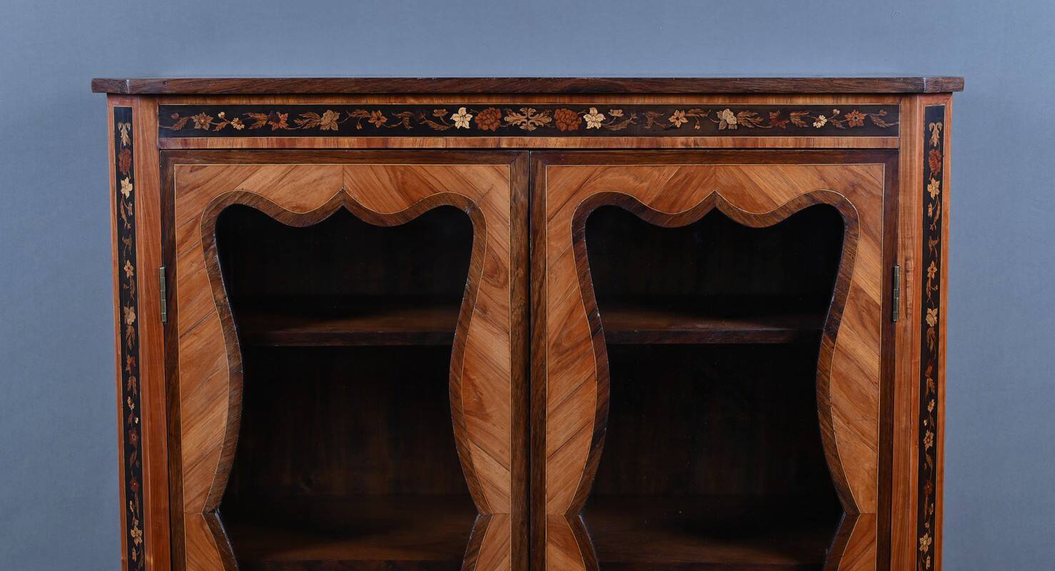Showcase in precious wood marquetry, Louis XV Transition style.