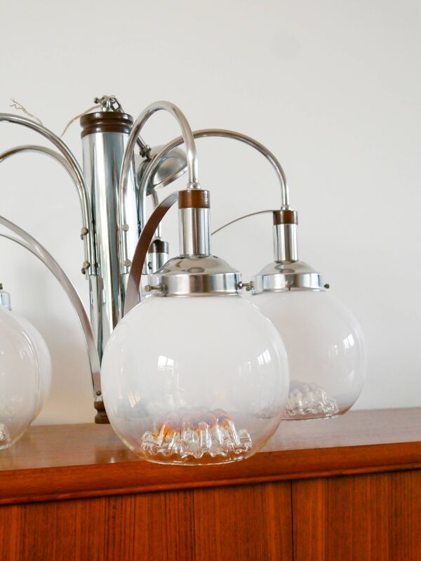 Lustre Gaetano Sciolari, 5 feux, en verre de Murano, Opaline et Ambré, 1970