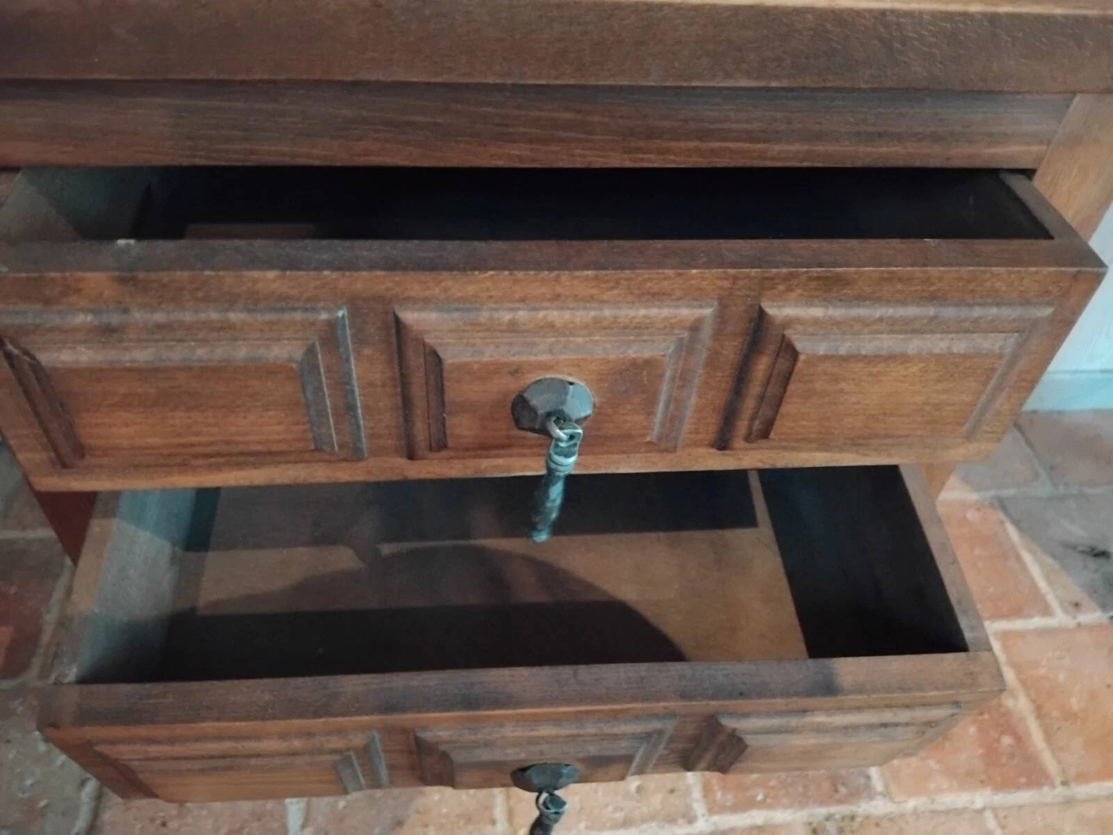 Antique wooden side table with 2 vintage drawers