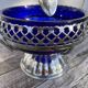 Silver-plated metal and blue glass sugar and salt shaker