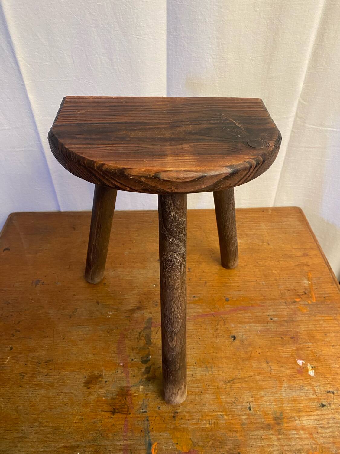 Antique milking stool tripod wood half moon seat vintage