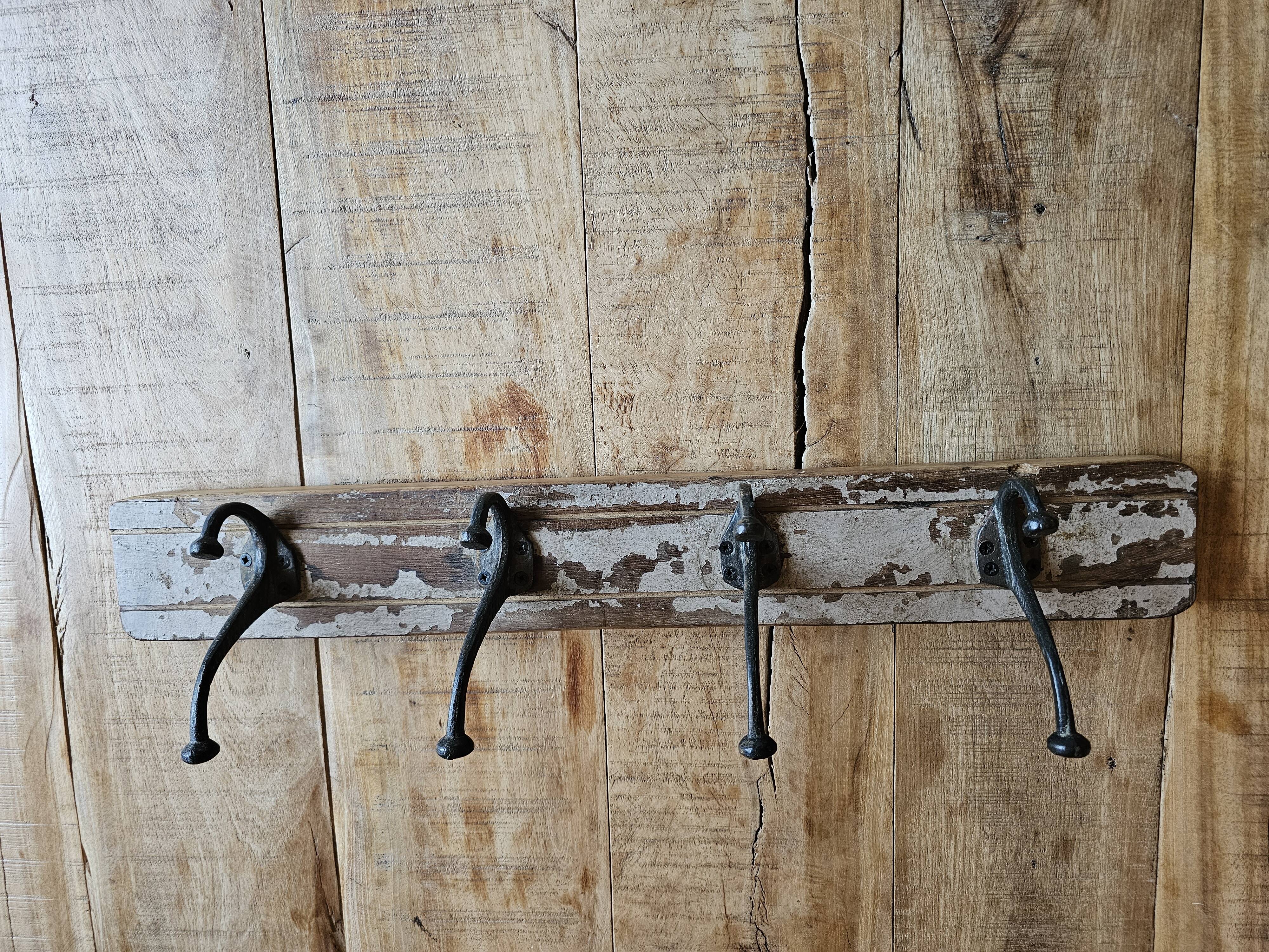 Solid teak coat hook with 4 double cast iron hooks