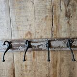 Solid teak coat hook with 4 double cast iron hooks