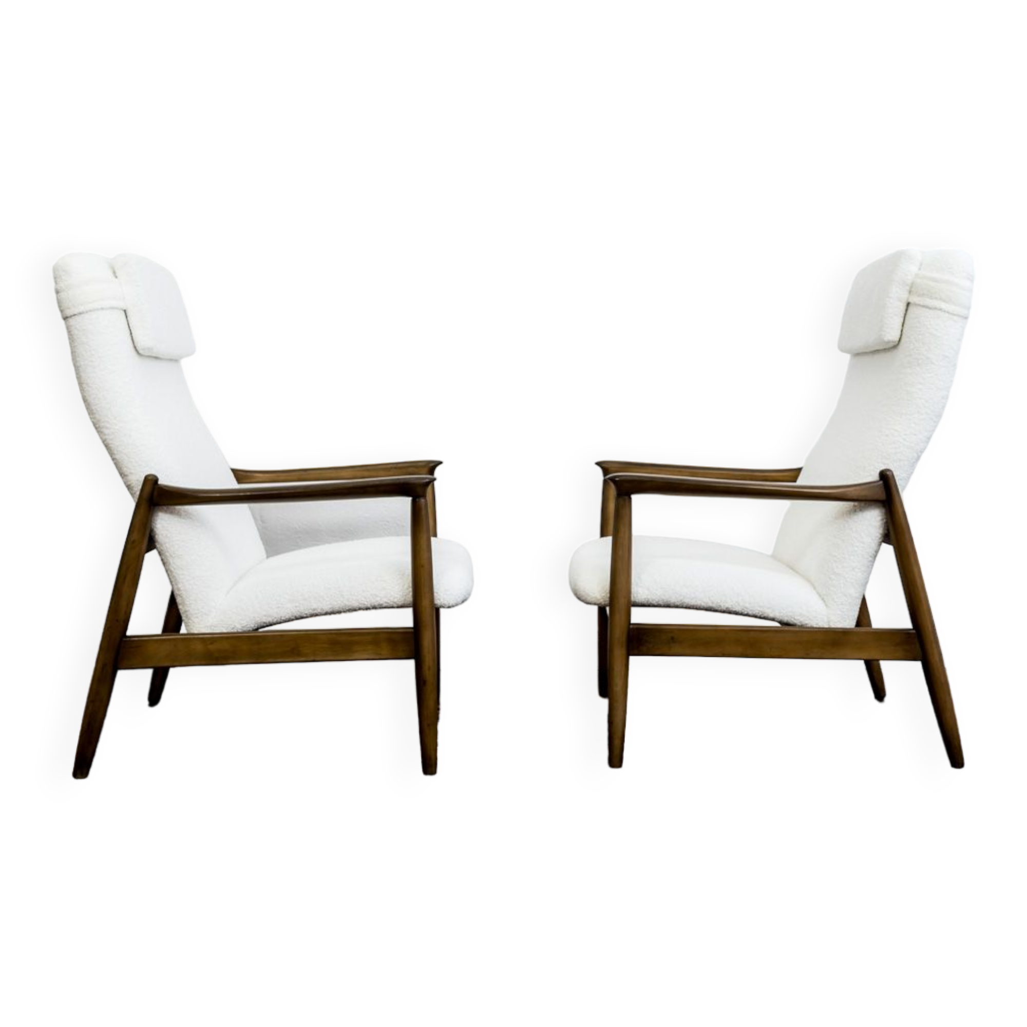 Pair of white boucle gfm 64 high back armchairs by edmund homa, 1960s