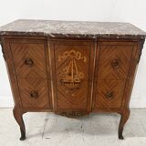 Transitional style commode with a protruding front, in marquetry wood, 20th century.