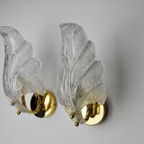 Pair of frosted leaf sconces, Murano glass, Italy, 1970