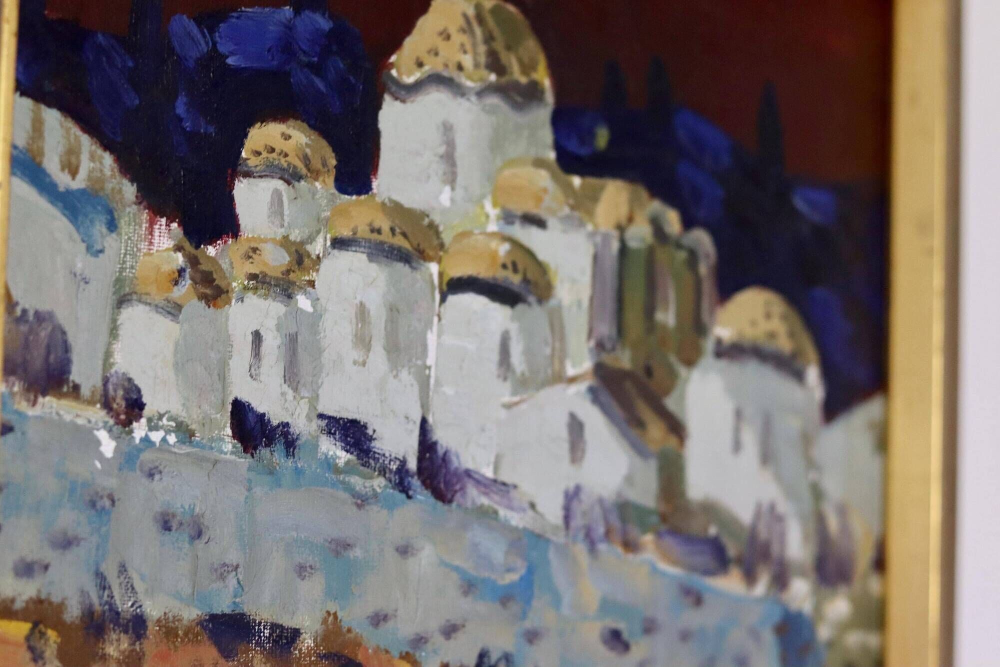 Original Swedish Mid-Century Oil on Canvas “Town” by Tage Garvik Vintage & Framed