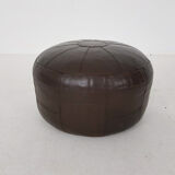 Mid-century brown leather round pouf
