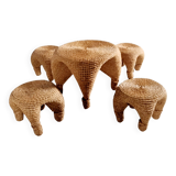 Wicker and pine needle table and stools, France, 1980s