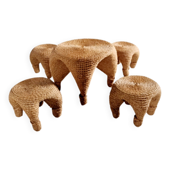 Wicker and pine needle table and stools, France, 1980s