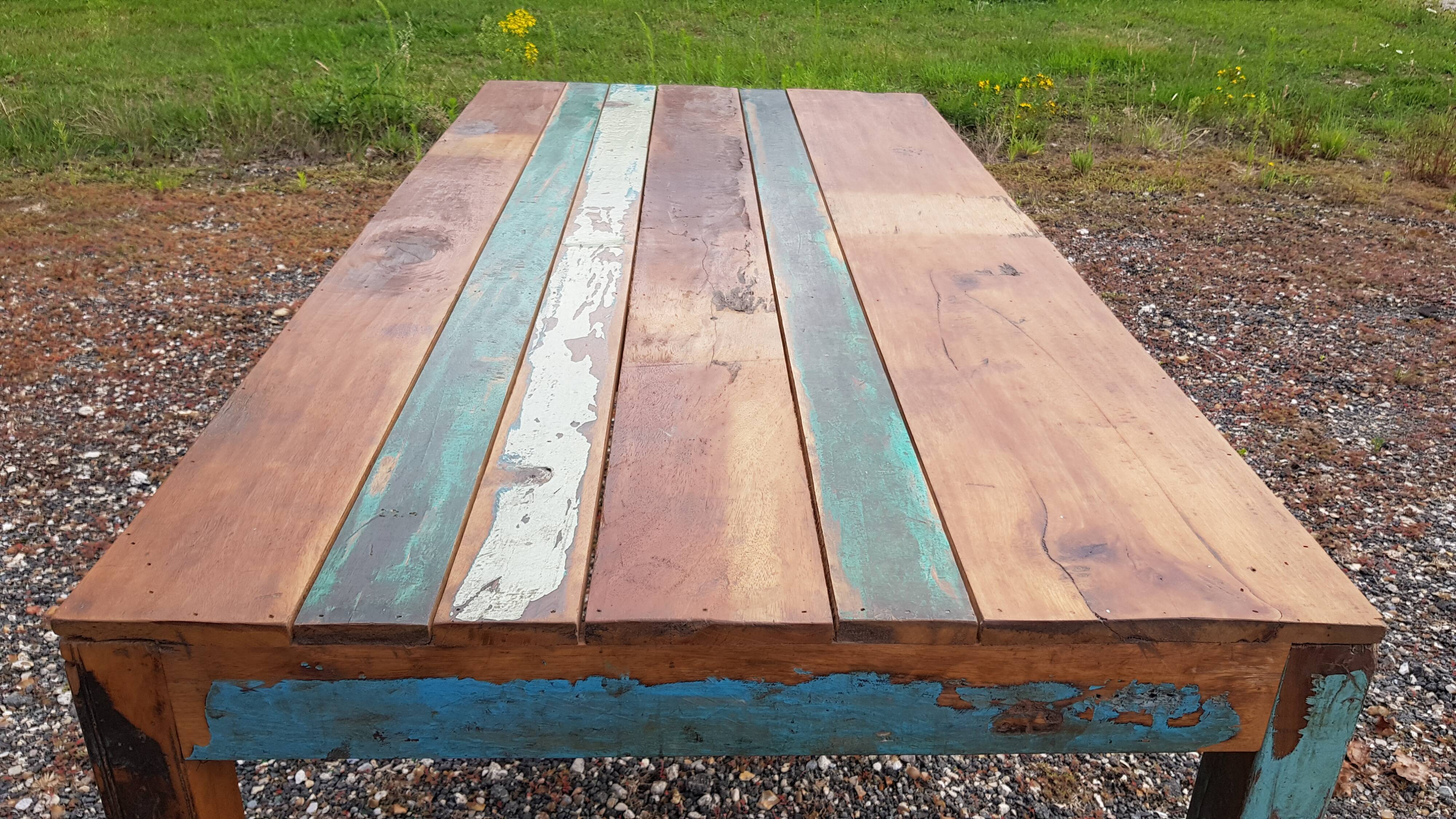 Polychrome teak dining table for 8 to 10 people