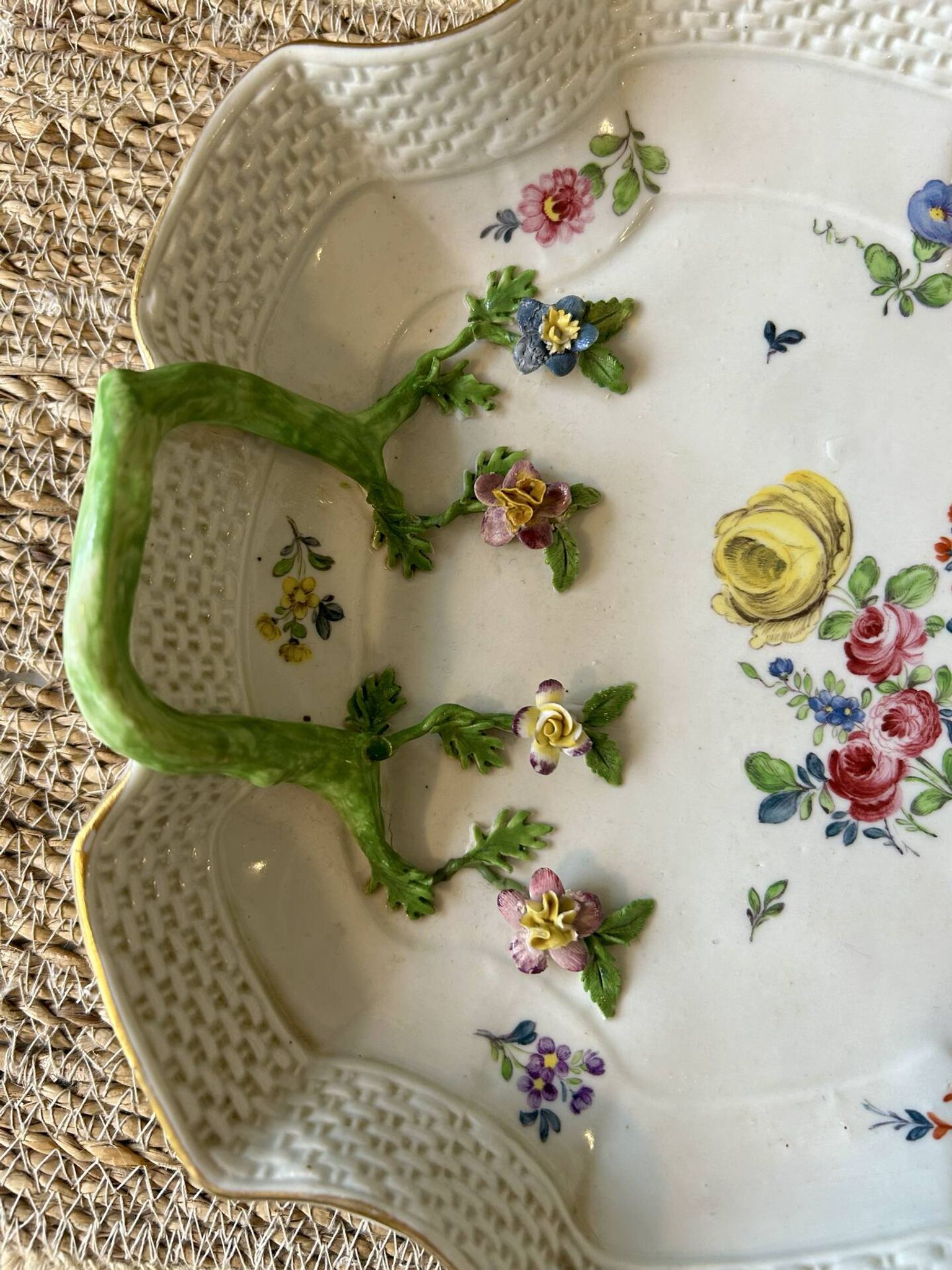 Large decorative antique plate with raised flowers – 19th century style