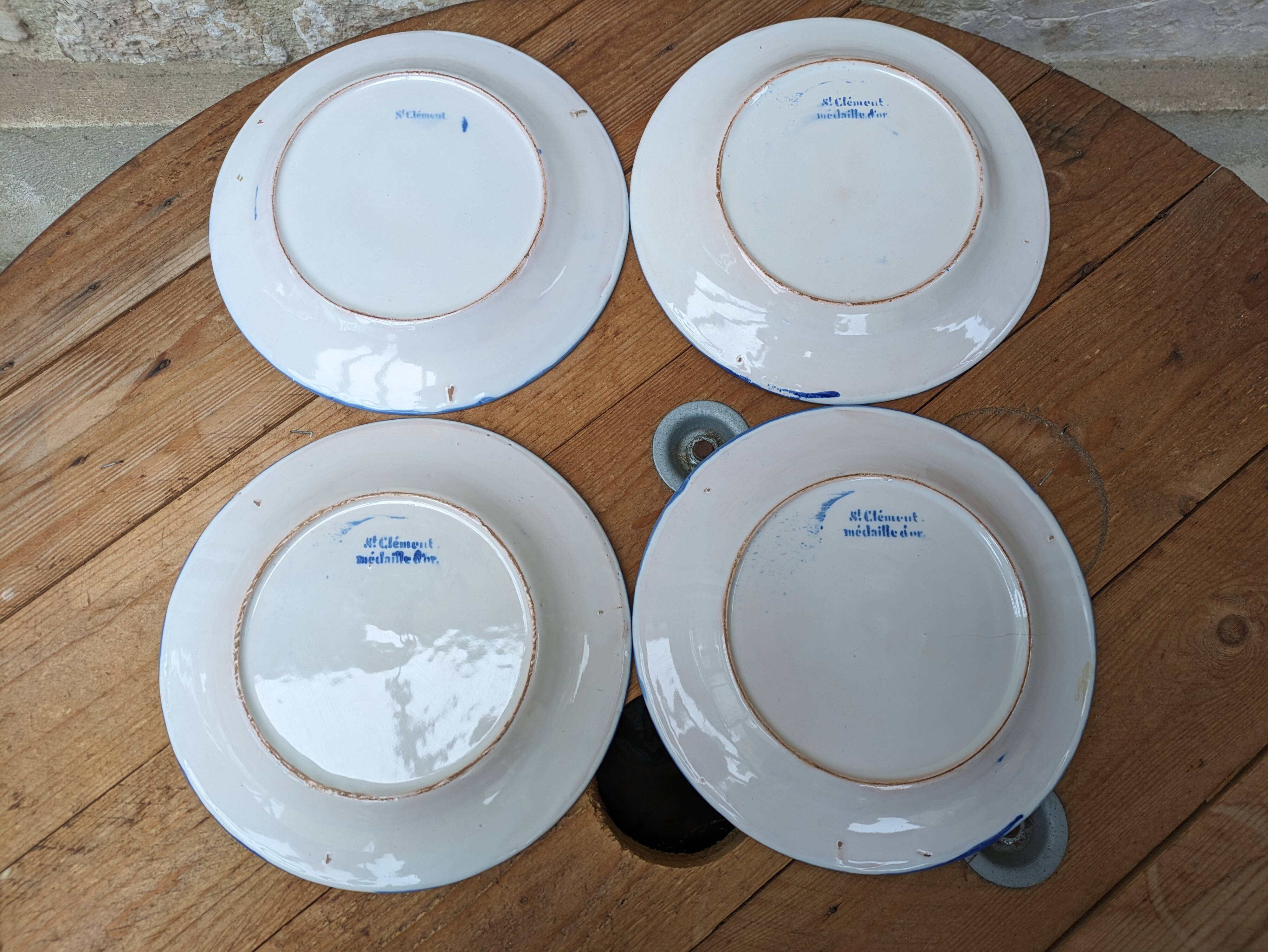 Set of 4 old Saint Clement plates with bouquet of flowers