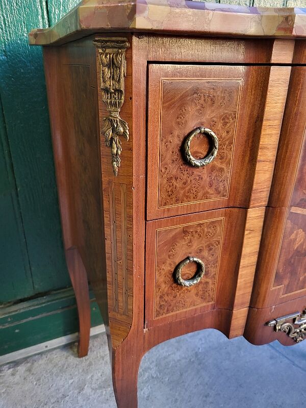 Chest of drawers transition Louis XVl marquetry marble top