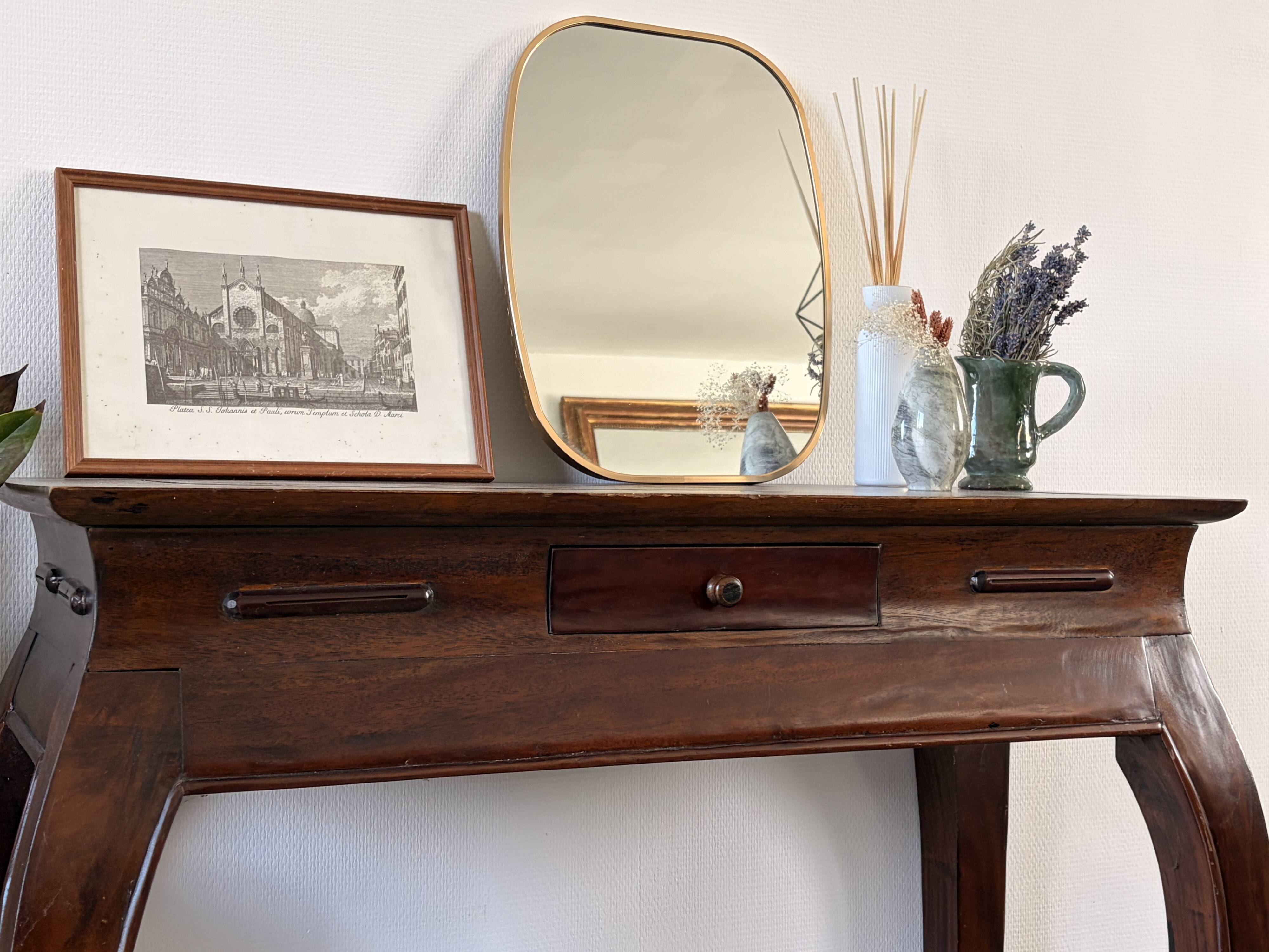 Solid wood console in colonial style – curved legs – drawer – 100x40x81cm