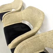 Series of six swivel chairs with organic shell, mottled fabric and base dis