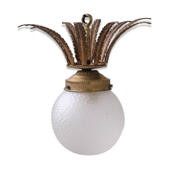 Opaque mid-century glass and brass mid-century leaf pendant light