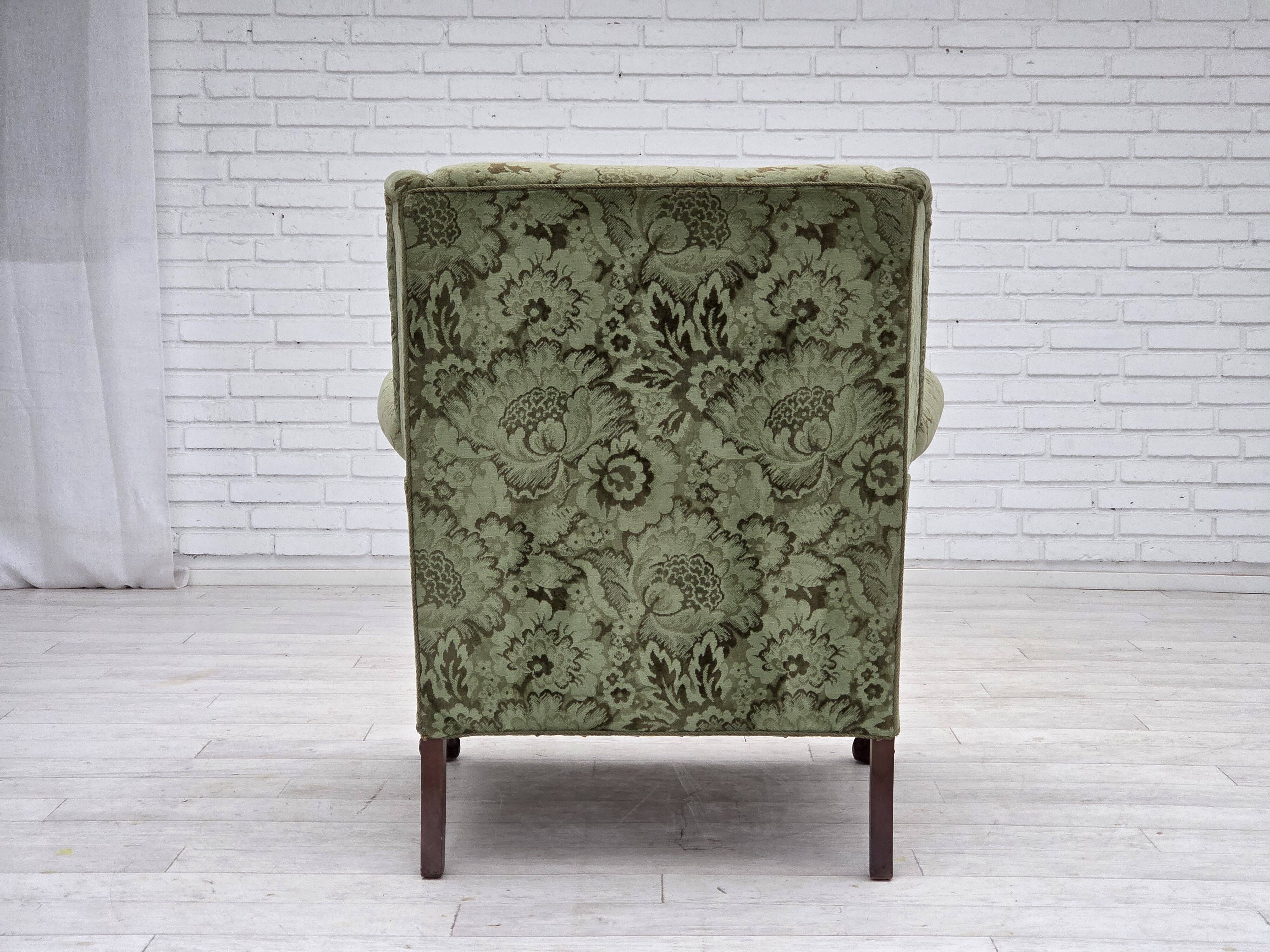 1950s, Danish relax armchair, green furniture velour, carved oak wood.