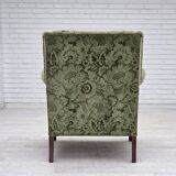 1950s, Danish relax armchair, green furniture velour, carved oak wood.
