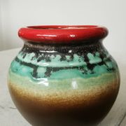 Vintage KIL Yugoslavia Pottery Vase: Brown, Turquoise & Red Rim, 1970s