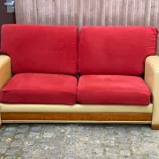 Art Deco 3-seater convertible sofa in genuine beige leather and red fabric from the 1980s.