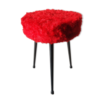 Tabouret tripode avec assise en moumoute rouge vintage