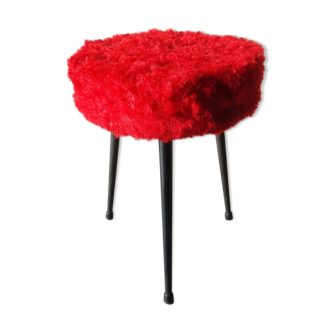 Tabouret tripode avec assise en moumoute rouge vintage