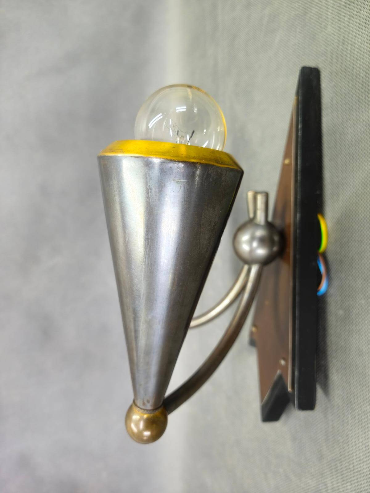 Czech Cubist Art Deco Wall Lamp, Metal and Wood, 1930s