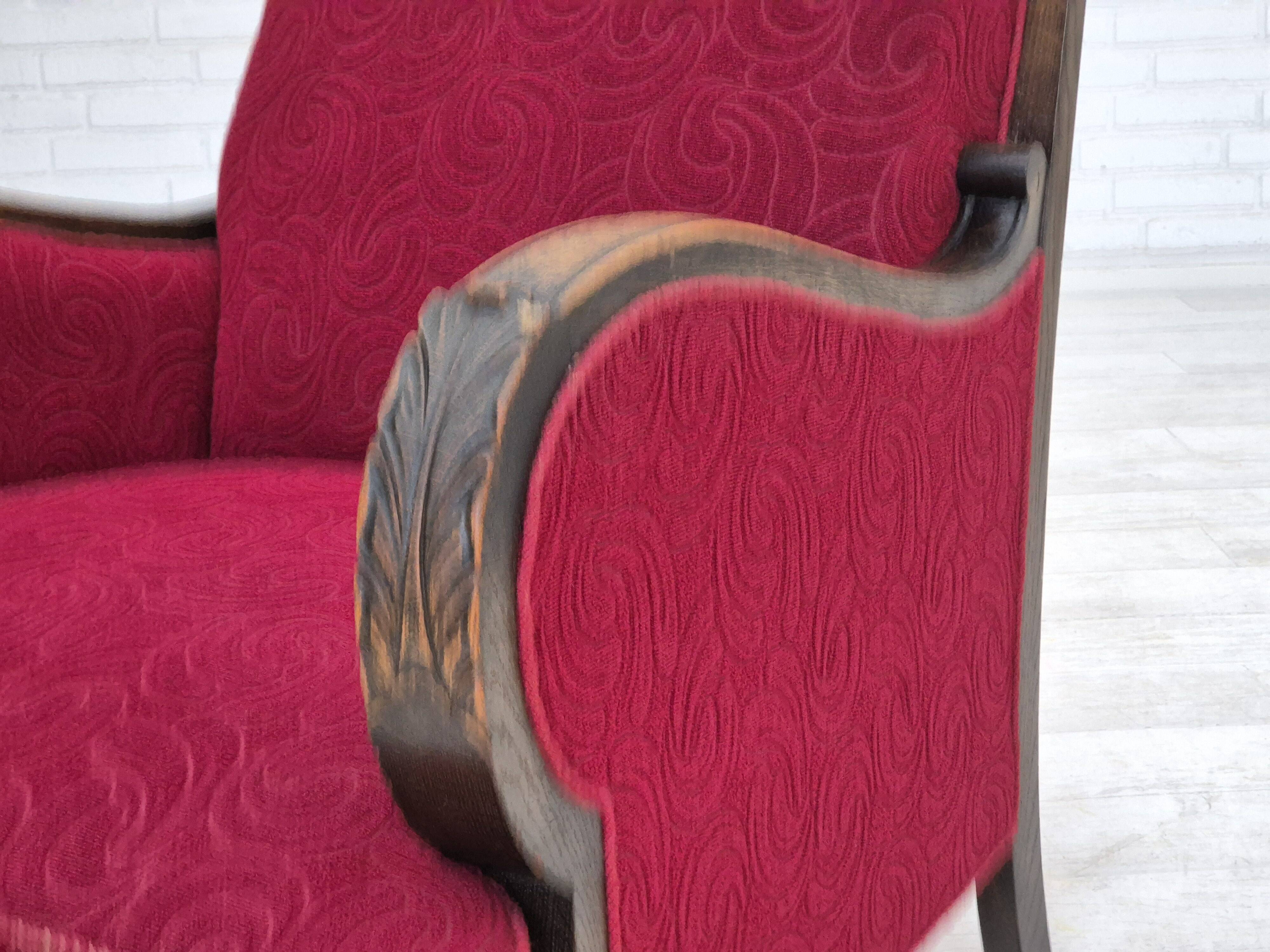 Fauteuil relax vintage danois des années 1950, tissu d'ameublement, bois de chêne, d'origine.