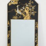 Miroir chinois vintage laqué noir et motifs colorés