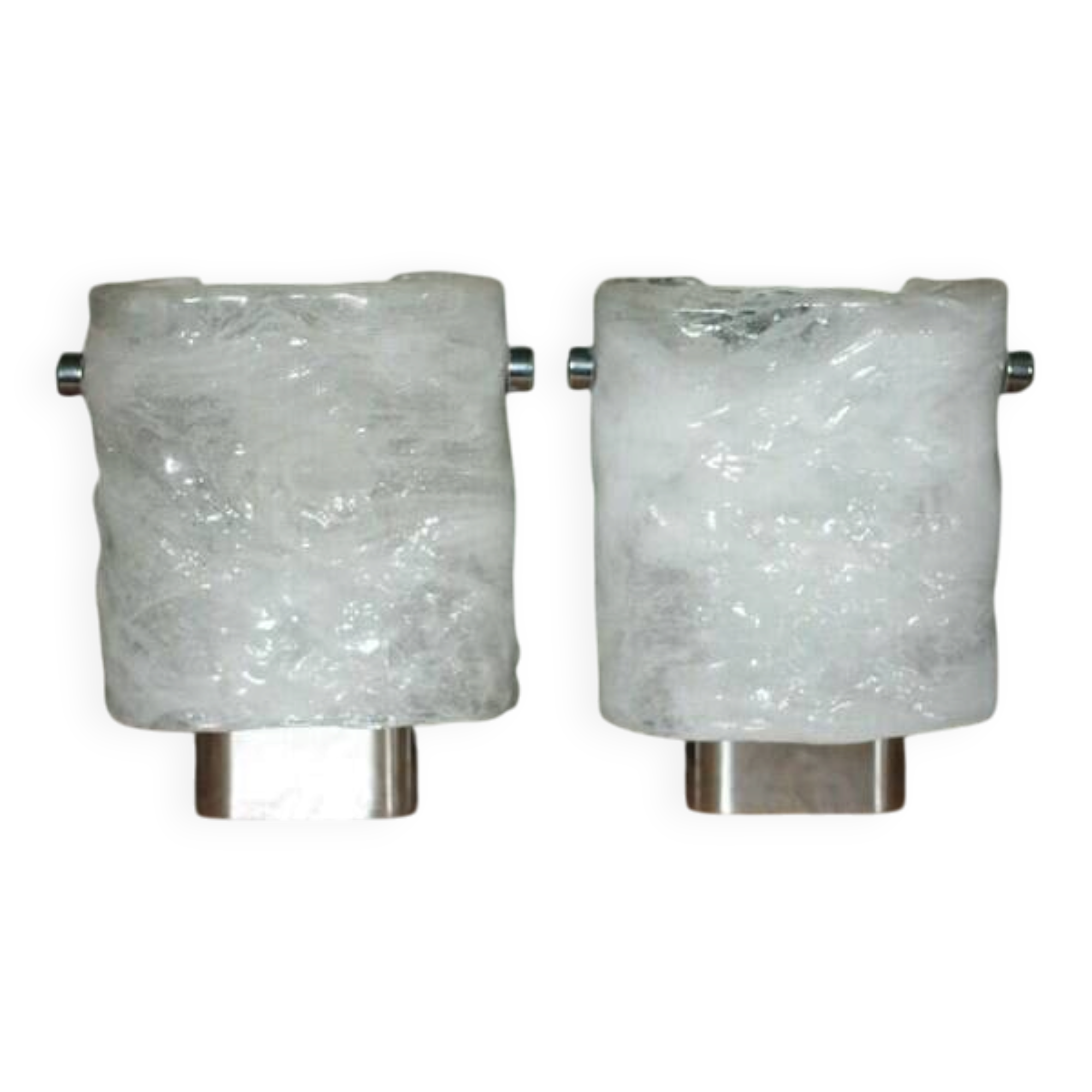 Pair of chrome wall sconces with Murano glass, wall light, art of glass, interior decoration.