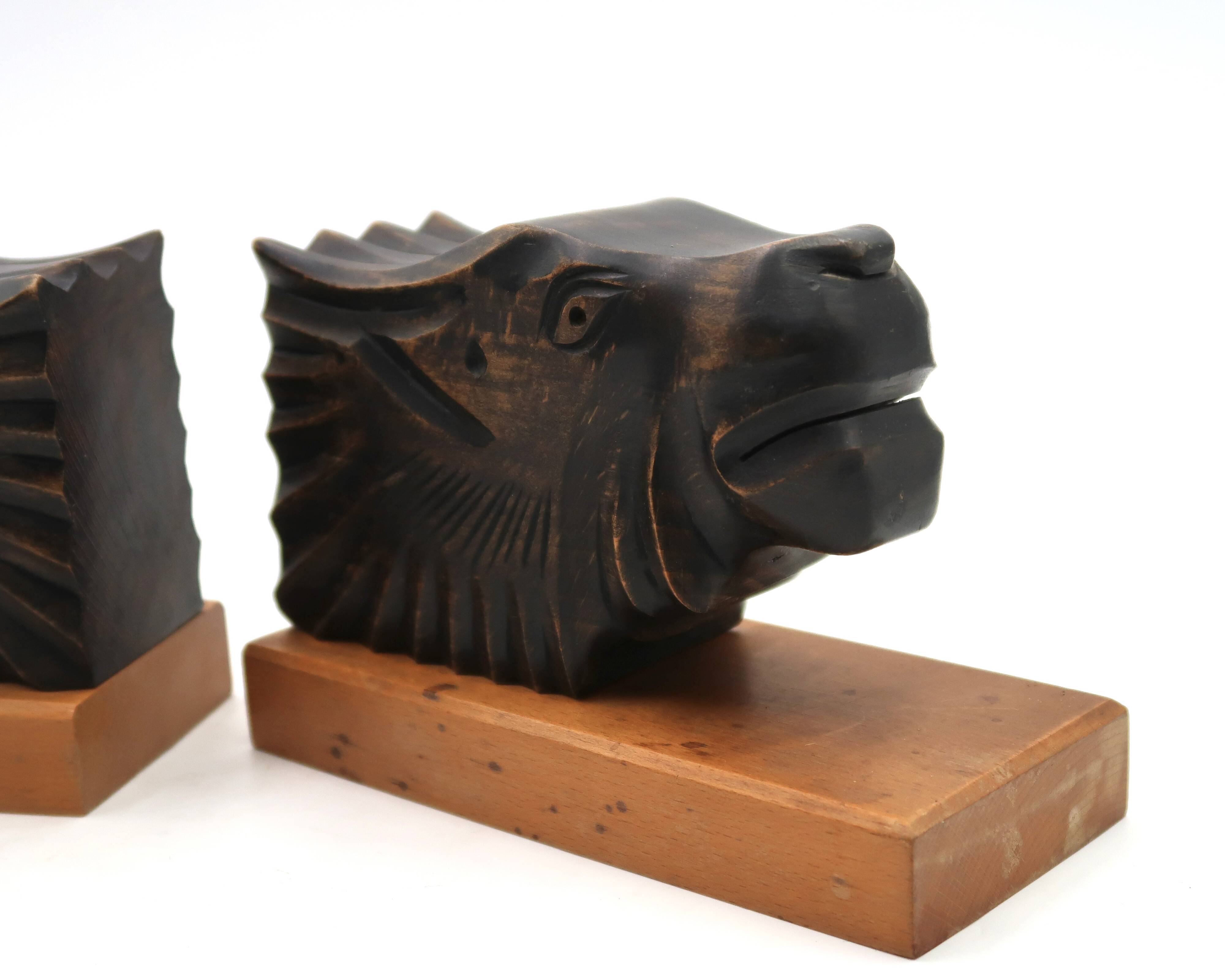 Art Deco wooden bookends with feline heads
