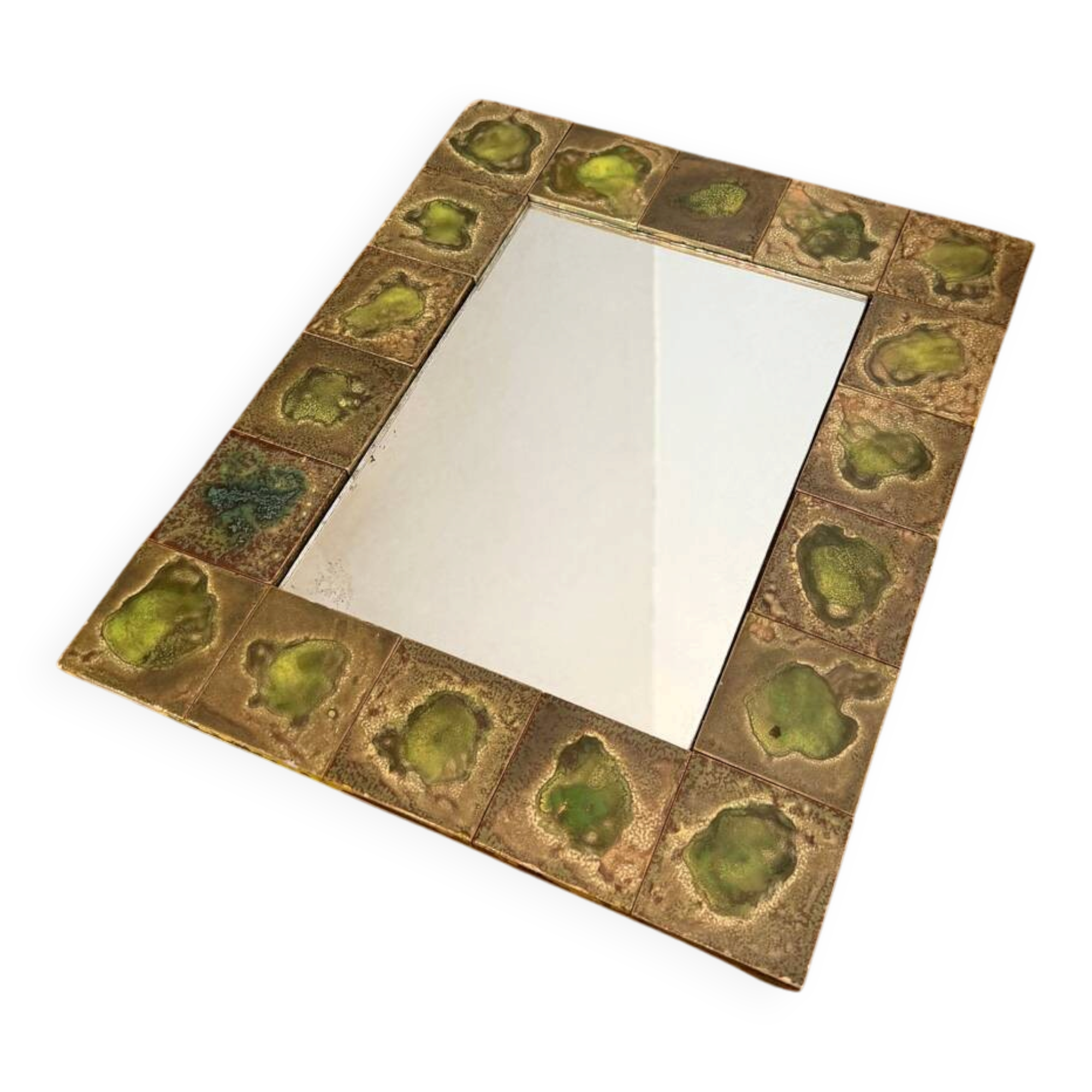 Vintage 1960s green and brown glazed ceramic mirror.