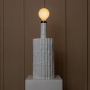 Vintage table lamp Tommaso Barbi - white ceramic, bamboo effect, Italy 1970s, handmade, Hollywood Regency style, retro bedside lamp.