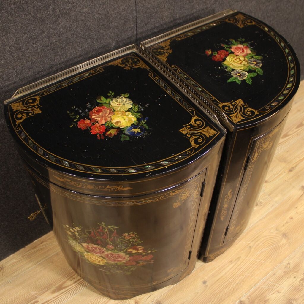 Pair of lacquered and painted French corner cabinets