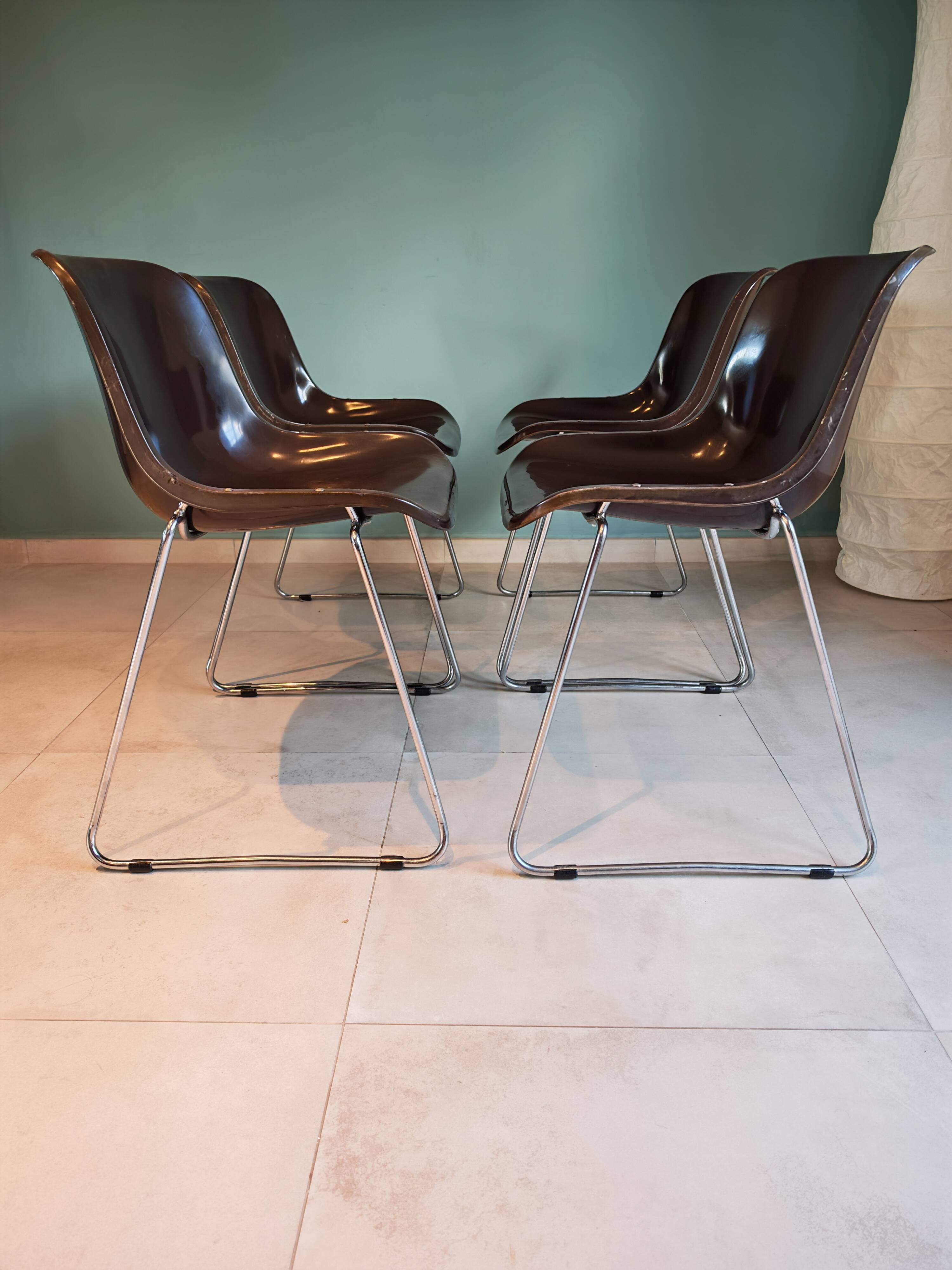 4 Vintage Space Age Chocolate Brown & Chrome Chairs 1970
