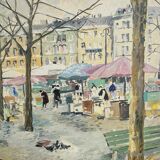 Vintage oil painting of the Viktualienmarkt in winter in Munich by Alexander Michael.