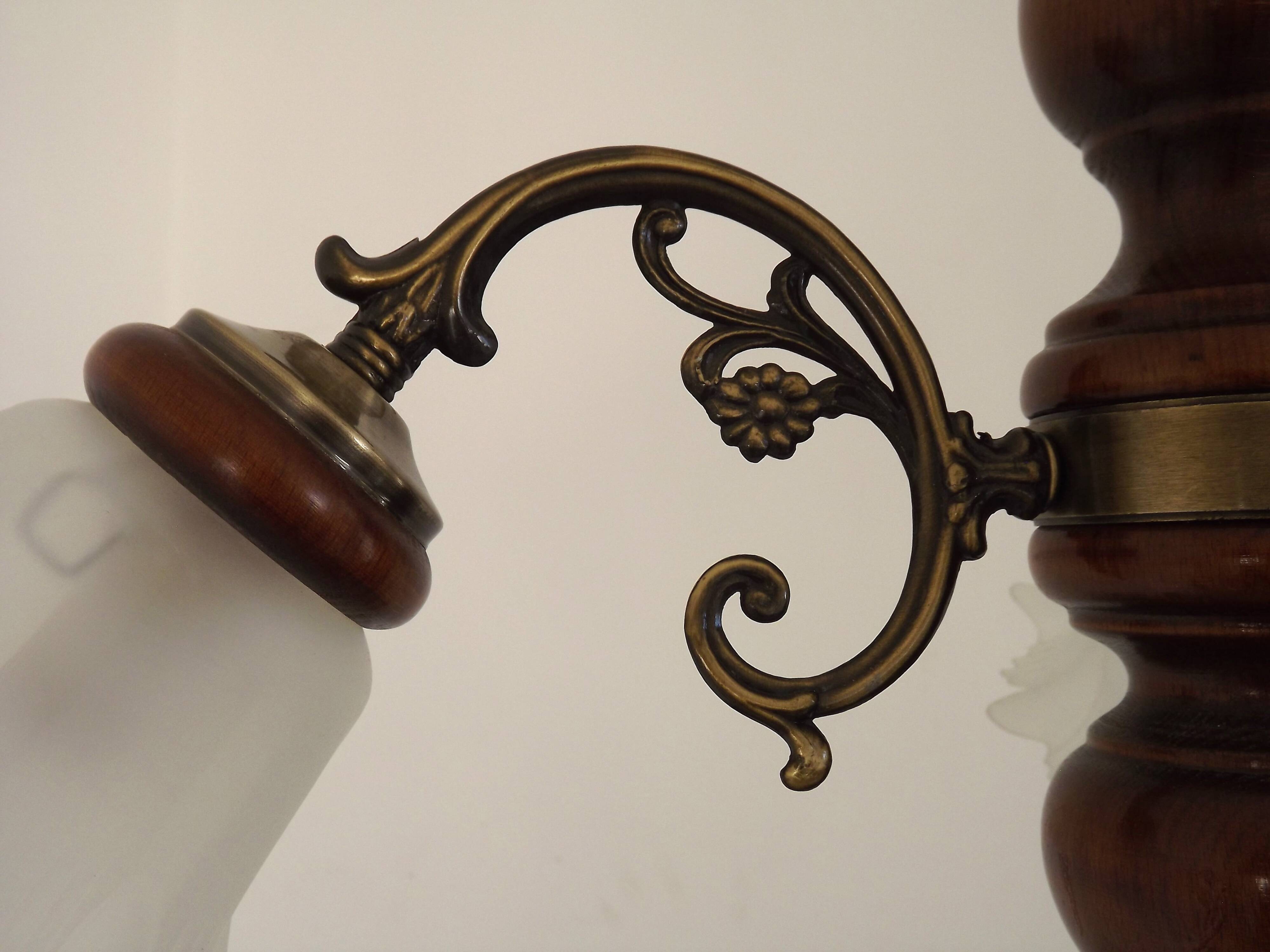 French Mid-Century 3-Light Wood and Bronzed Metal Chandelier with Glass Shades
