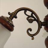 French Mid-Century 3-Light Wood and Bronzed Metal Chandelier with Glass Shades