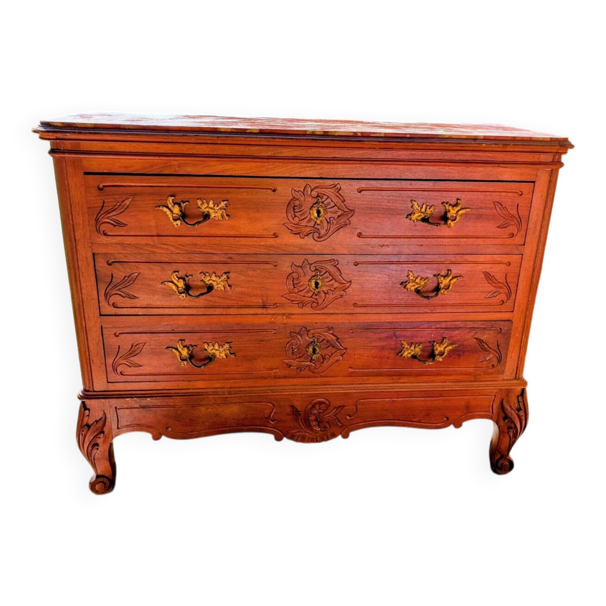 Majestic Louis XV Chest of Drawers in Walnut and Royal Red Marble – 19th Century
