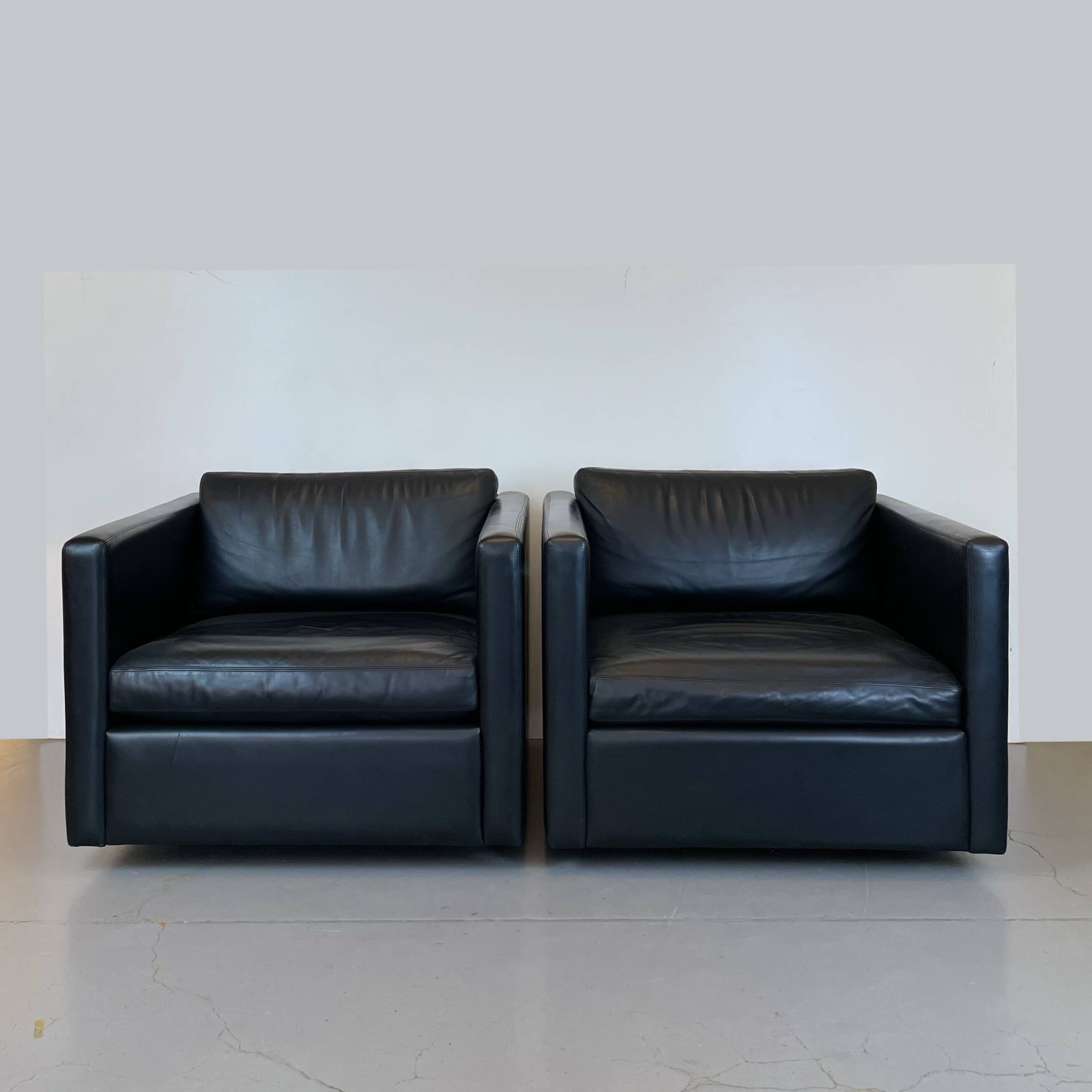 Pair of Black Leather Cube Club-Chairs by Charles Pfister for Knoll, 1980s