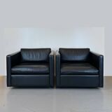 Pair of Black Leather Cube Club-Chairs by Charles Pfister for Knoll, 1980s