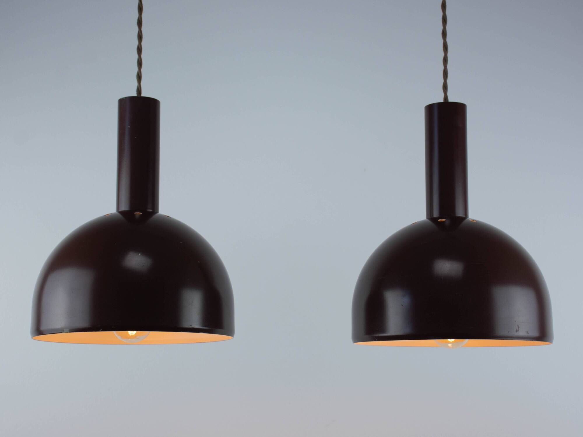 Set of 2 Mid-Century Modern Brown Metal Hanging Lamps