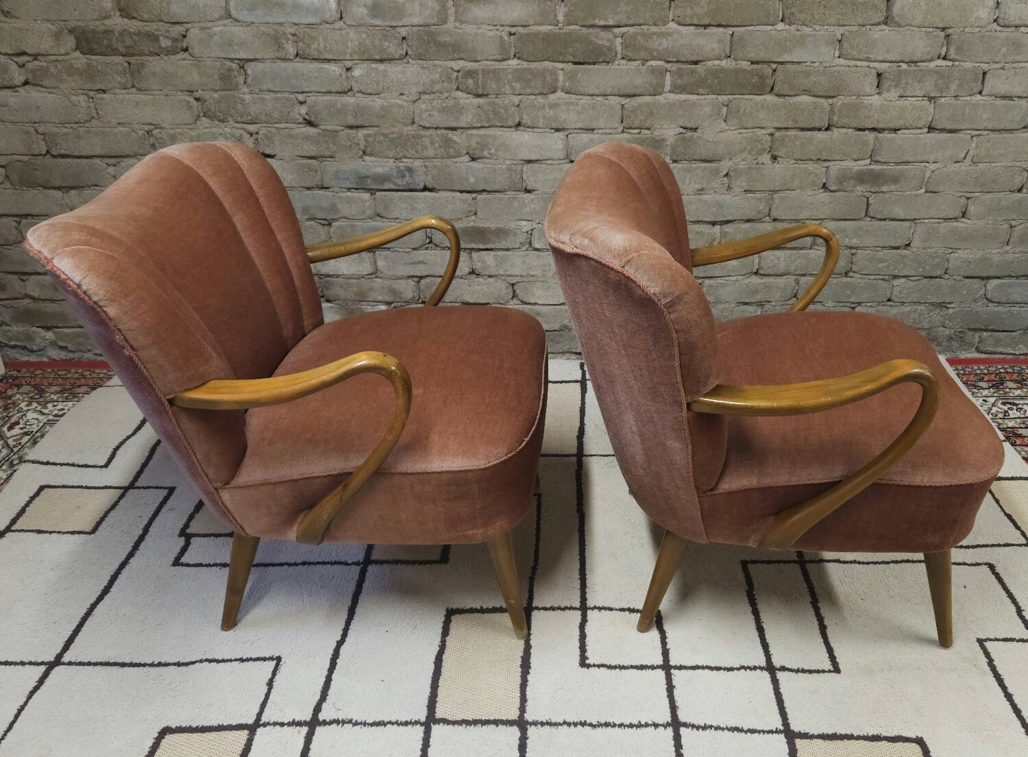 Pair of pink velvet cocktail armchairs 1960
