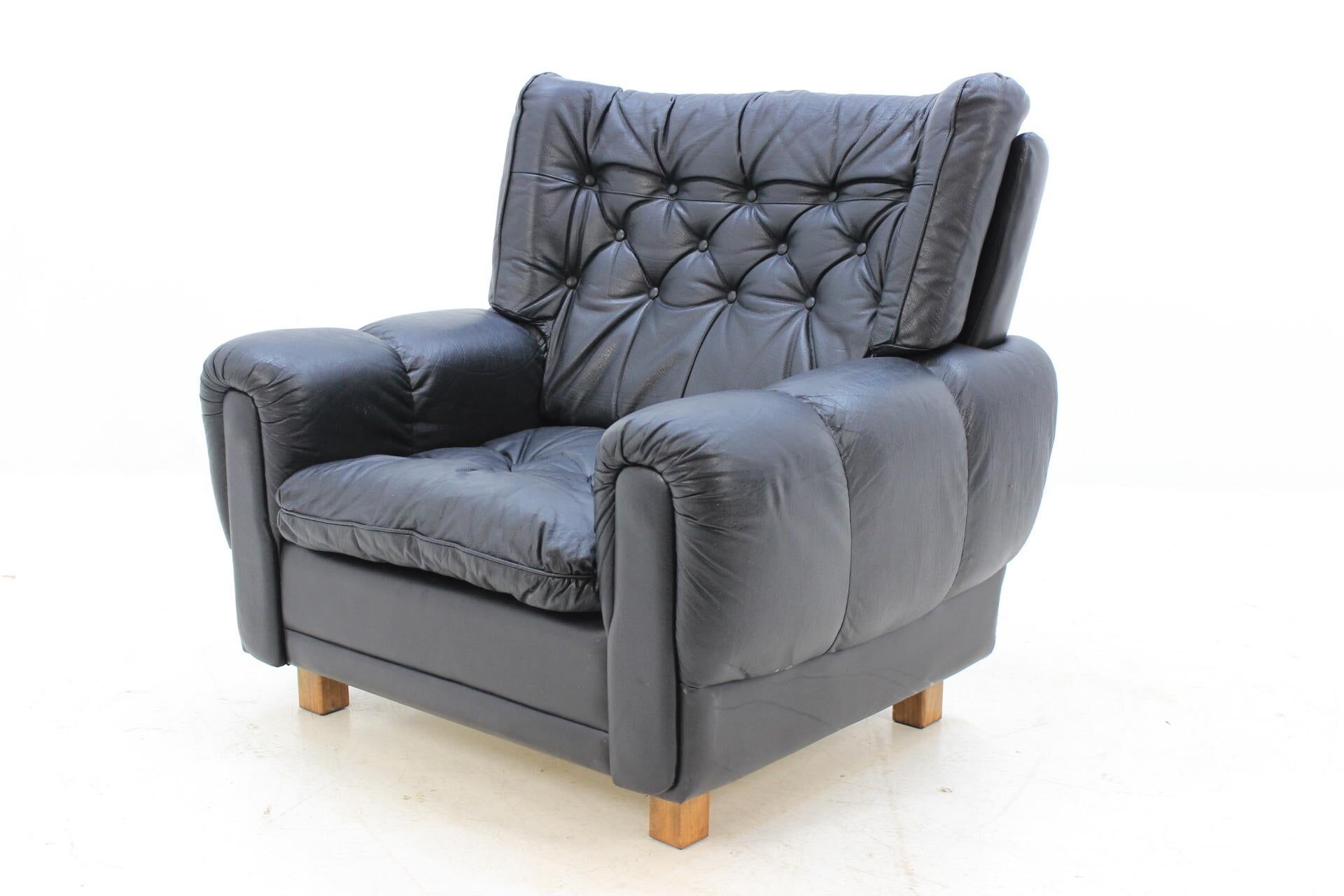 Set of Midcentury Black Leather Armchairs, 1970s