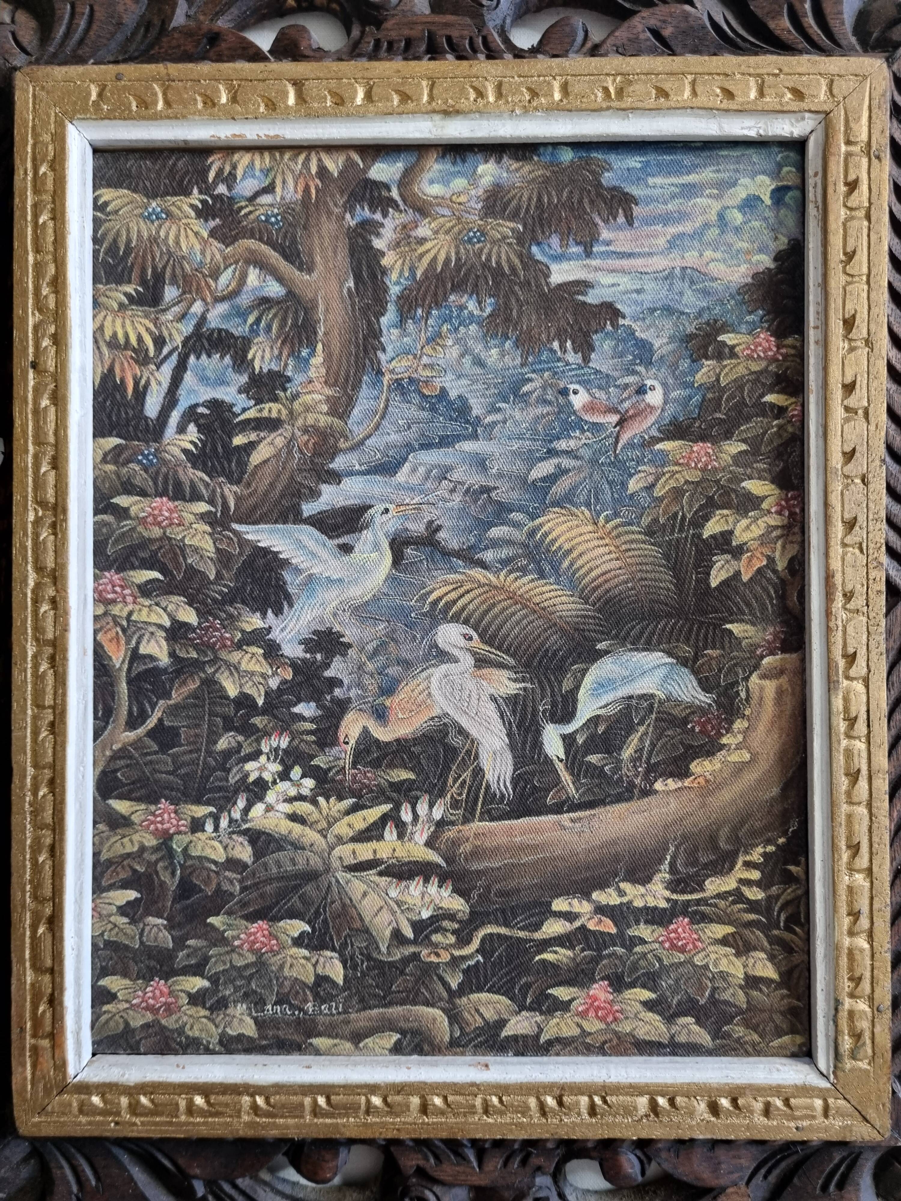 Tropical scene of Bali, painting on canvas in carved teak 33x38 cm.