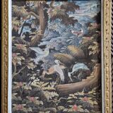 Tropical scene of Bali, painting on canvas in carved teak 33x38 cm.