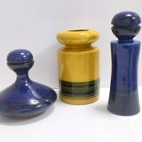 Set of Three Postmodern Blue and Yellow Glazed Vase and Bottles by Parravicini
