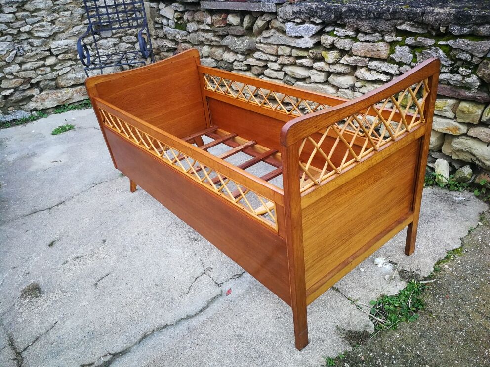 Wooden and rattan child bed