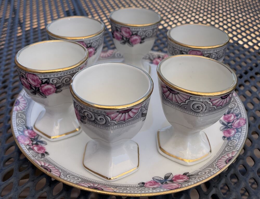 PLATTER AND ITS 6 PORCELAIN COQUETIERS WITH FLORAL DECOR TABLE ART